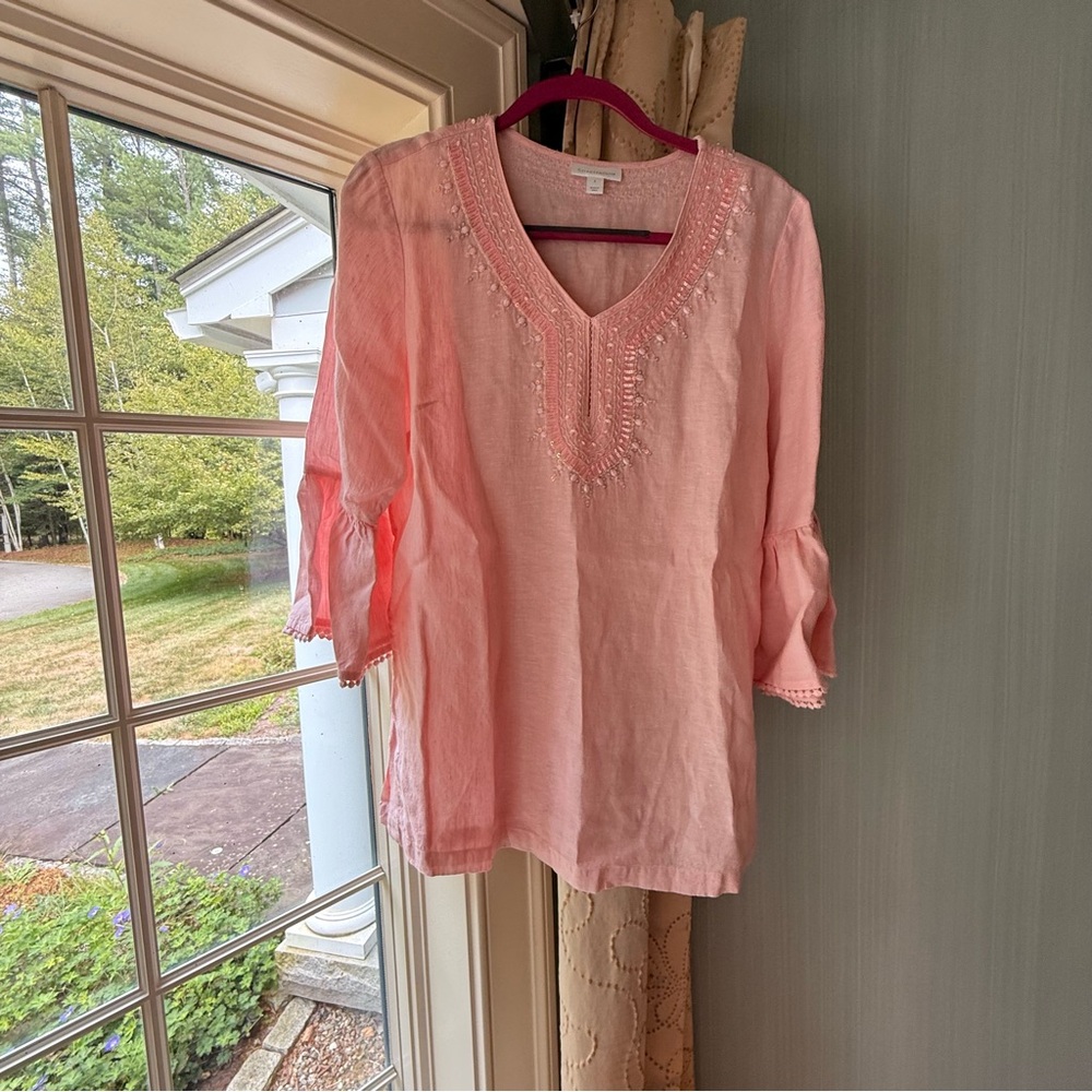 Charter Club Baby Pink Linen Embroidered Beaded Neckline Flaired Sleeve Tunic